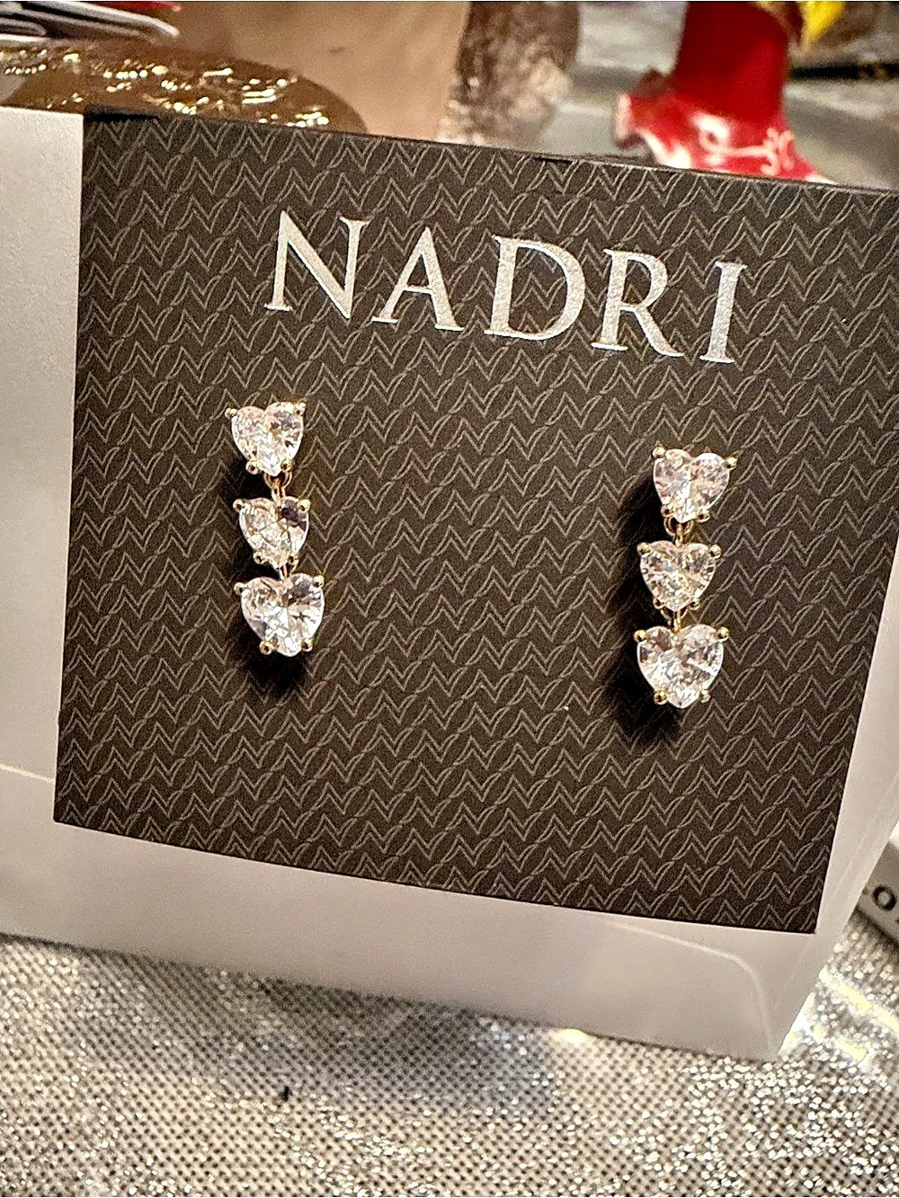 NADRI Triple Heart Linear Drop Earrings Heart Crystal Drop Earrings